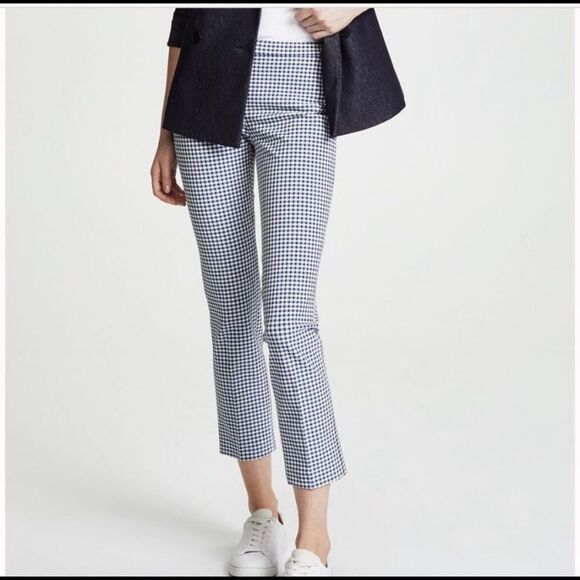 Theory Classic Gingham Plaid Slim Straight Ankle Pant - Light Blue & White - Picture 1 of 8